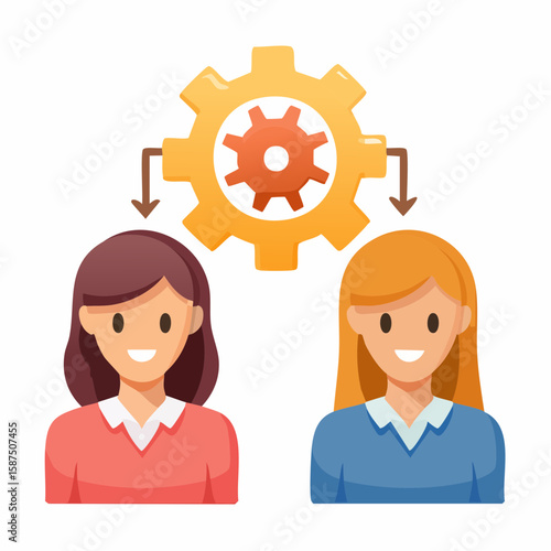 Flat icon illustration showing admin vs user privileges: two figures with different gear icons, one with full control, one with limited settings