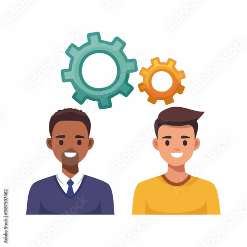 Flat icon illustration showing admin vs user privileges: two figures with different gear icons, one with full control, one with limited settings