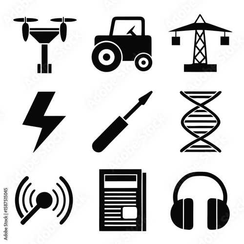 Black silhouette icons drone tractor power tower lightning screwdriver D N A signal newspaper