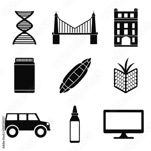 Black silhouette icons D N A bridge building bottle corn pineapple car ampule monitor helix