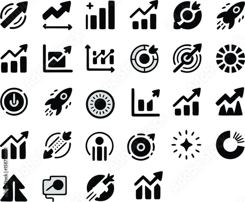 Collection of business growth and analytics icons featuring charts and arrows in solid style