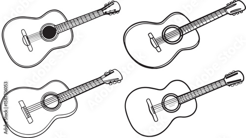 Set of acoustic guitar outline vector illustration, line art	