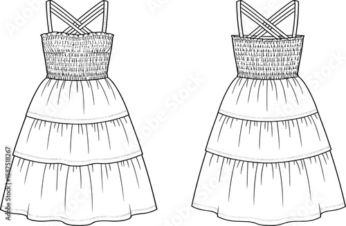 Fashion CAD drawing of summer dress with tiered skirt, smocked bodice, vector flat illustration for clothing design, sewing pattern