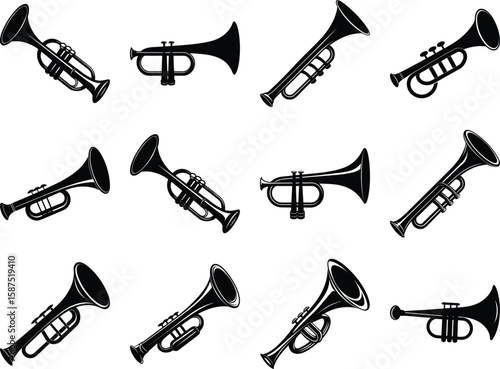 Trumpet silhouette vector icon set, trumpet music instrument silhouettes illustration.