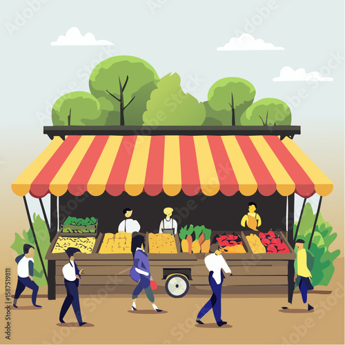 A vibrant illustration of a bustling farmer's market with vendors and customers.