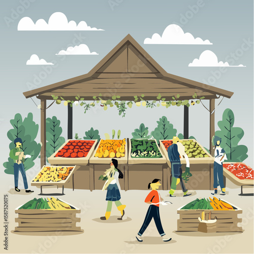 Illustration of a bustling farmers market with vendors and customers purchasing fresh produce.