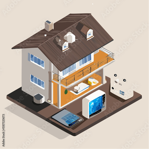 Isometric view of a cutaway house showcasing interior design with furniture, appliances, and technology.