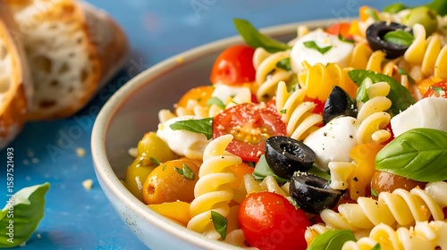 Fresh caprese pasta salad with olives and mozzarella
