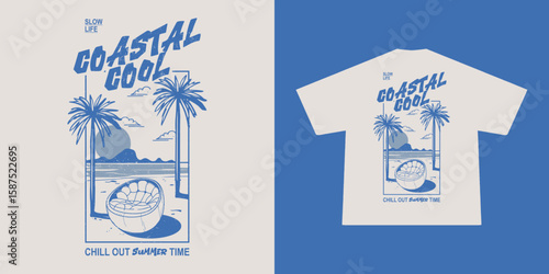 Coastal Cool Summer Time – Retro Beach Vibes T-Shirt Design with Tropical Elements for Print and Apparel