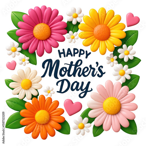 Colorful flower arrangement with a heart and the words Happy Mother's Day. isolated-3d-on-transparent-background