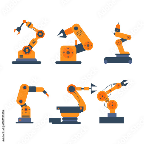 Flat vector set of industrial robotic arms in various positions and functions. Perfect for automation, factory, and manufacturing industry concepts. Clean, modern style suitable for infographics, web,