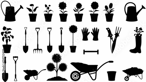 Silhouette illustration of gardening tools and plants including watering cans shovels and wheelbarrows