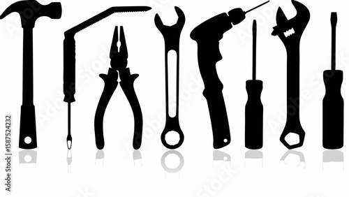 Silhouette of various hand tools including a hammer, pliers, wrench, drill, and screwdrivers aligned nicely