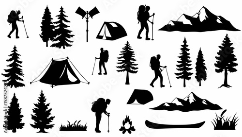 Silhouette of camping scene featuring hikers tents trees mountains and campfire in black and white style