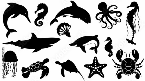 Silhouette collection of sea animals including dolphins, shark, octopus, turtle and seahorse icons