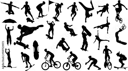 Silhouette illustrations depicting various extreme sports activities and athletes in action poses shown here