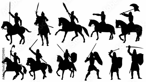 Silhouette illustration of medieval warriors on horseback wielding various weapons in battle formation