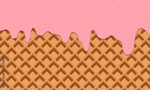 pink cream melted on wafer background. Sweet waffle with pink glaze. Pink strawberry cream melted waffle cone vector pattern