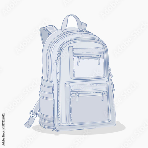Vector of a modern backpack showing compartments, straps, and form.