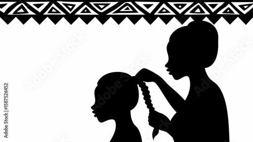 Silhouette of woman braiding girl's hair with african tribal pattern at the top in black and white