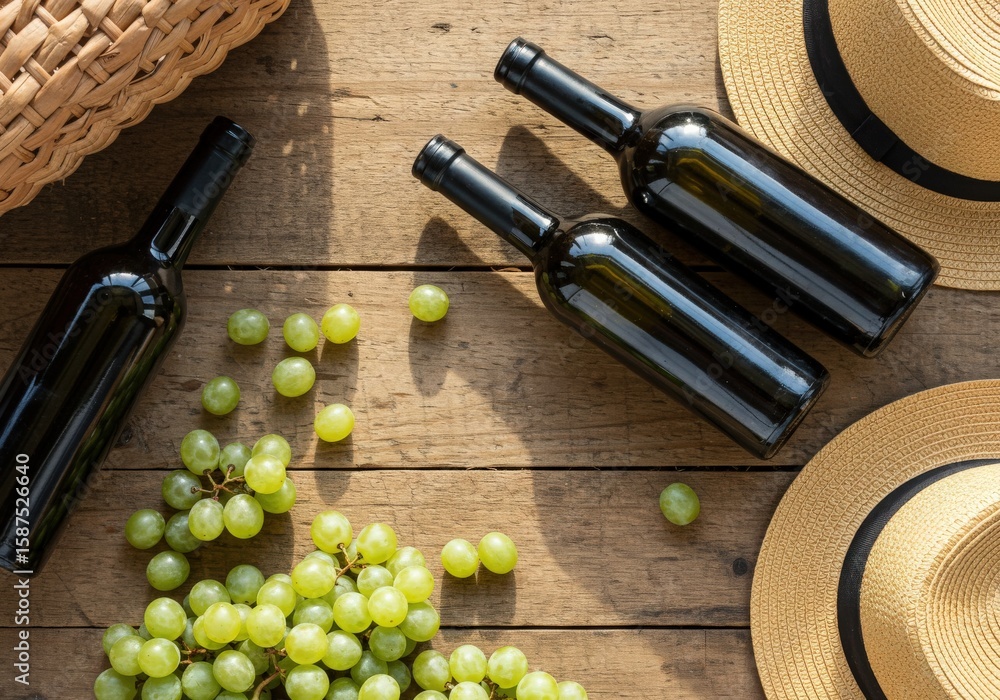 Obraz premium Close up of green grapes and wine bottles on rustic wooden surface with natural warm lighting scene