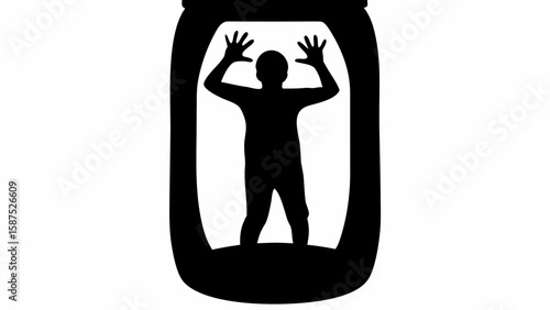 Silhouette of a person trapped inside a jar with hands raised against the glass in black and white tone