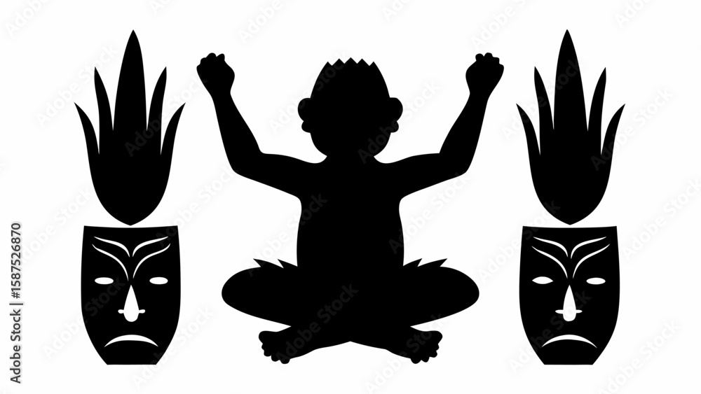 Obraz premium Silhouette of child in lotus position with raised arms between masks and plant shapes on white ground