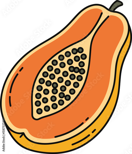 A vibrant illustration showcases a halved papaya, revealing its orange flesh and black seeds.
