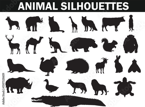 Vector collection featuring diverse animal silhouettes perfect for educational designs wildlife illustrations and graphic projects on nature and zoology themes