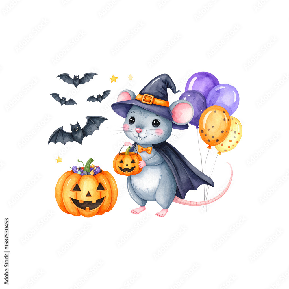 Happy Halloween! This spooky, cute cartoon vector illustration set features a black cat, witch, and a monster pumpkin under the autumn moon with bats Happy Halloween! This spooky, cute cartoon vector illustration set features a black cat, witch, and a monster pumpkin under the autumn moon with bats