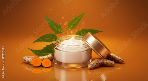 Skin cream advertisement with neem leaves and turmeric on glowing orange background.