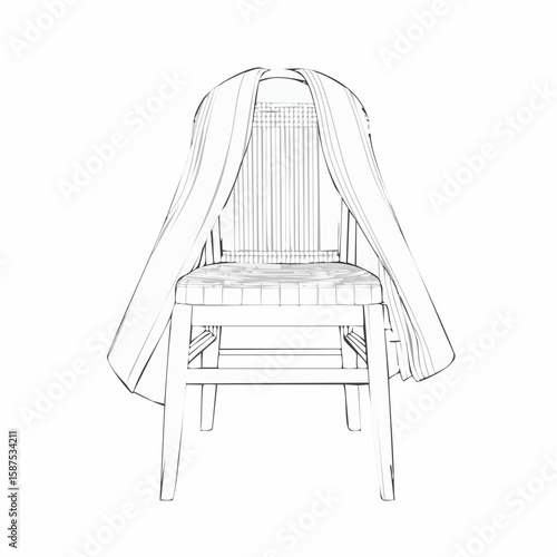 Vector drawing of a wooden chair with a fabric jacket draped over the backrest, rendered in clean contour lines on white.