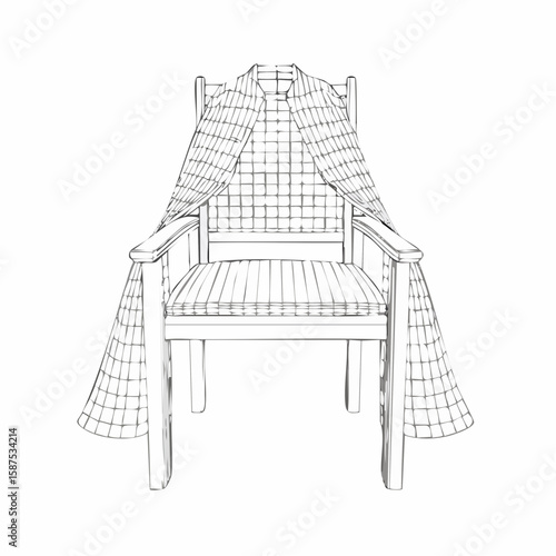 Vector drawing of a wooden chair with a fabric jacket draped over the backrest, rendered in clean contour lines on white.