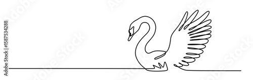 continuous line art of a swan flapping its wings and swimming in calm water