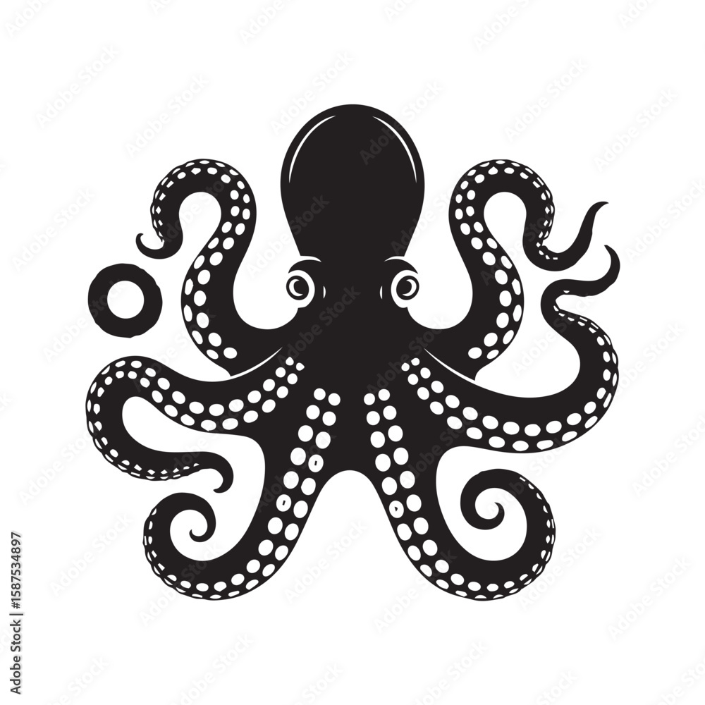 Fototapeta premium Stylized Octopus Illustration A detailed graphic depiction of an octopus with curled tentacles against a plain white background.