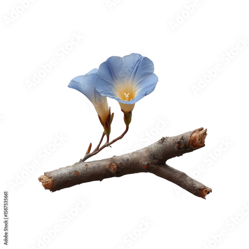 A delicate blue flower blooming on a branch, showcasing natural beauty and intricate details against a white isolated background.