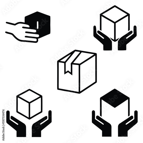 Set of five icons representing handling and care for packages and boxes isolated on white background.eps