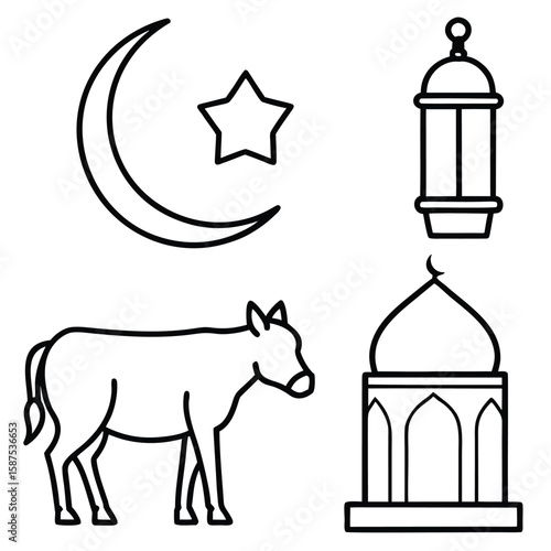 Islamic symbols including crescent star lantern mosque and cow isolated on white background.eps