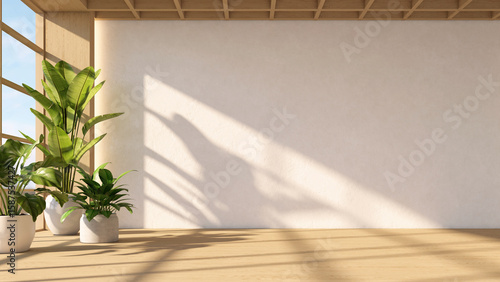 Japanese style empty room with white wall and wooden raised floor. Indoor plants on the side and wooden ceiling. 3d rendering
