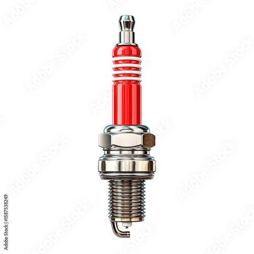 Spark plug on a transparent background, industrial design, high detail, shiny metal, red accents, copy space