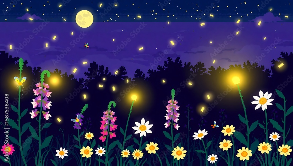 Fototapeta premium with glowing fireflies among pixel foxgloves and daisies, retro moon shining above
