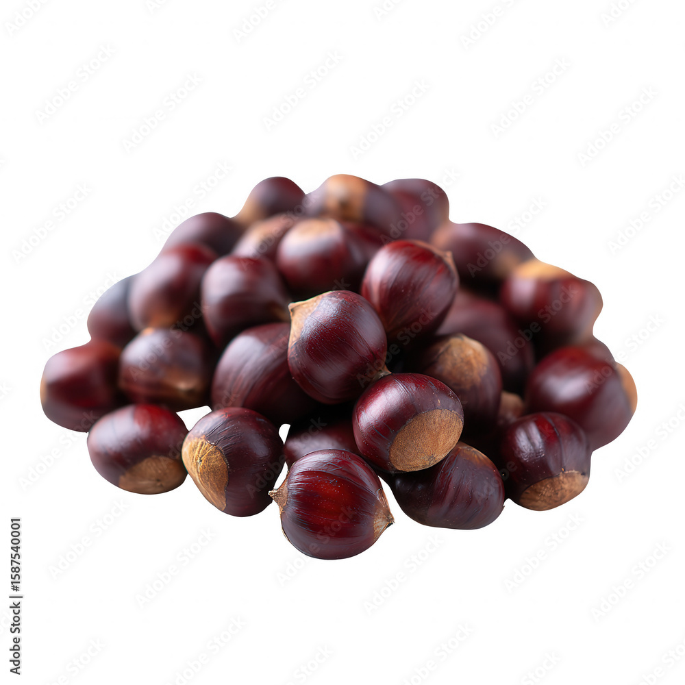 A heap of fresh, shiny chestnuts, showcasing their rich brown color and smooth texture, ideal for use in cooking, baking, or as a seasonal snack. A heap of fresh, shiny chestnuts, showcasing their rich brown color and smooth texture, ideal for use in cooking, baking, or as a seasonal snack.