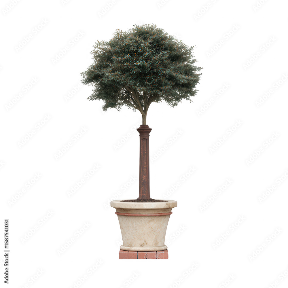 Fototapeta premium A lush green tree in a decorative pot, showcasing its elegant shape against a clean white background, perfect for enhancing any indoor or outdoor space.