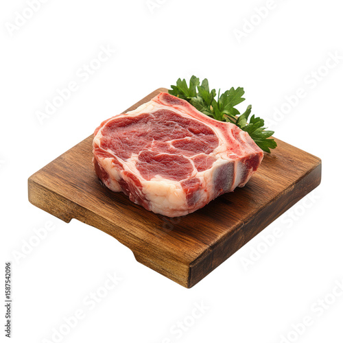 Fresh Raw Meat on Wooden Cutting Board with Green Garnish
