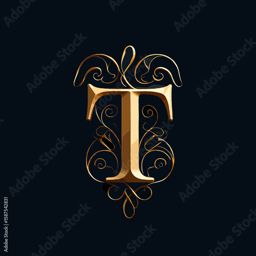 Vector art of golden letter t with floral ornaments on a dark background