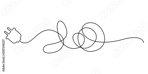 One line drawing plug energy power storage electric rechargeable supply, Single continuous line drawing of plug inserting into electric outlet. Power socket energy concept vector illustration