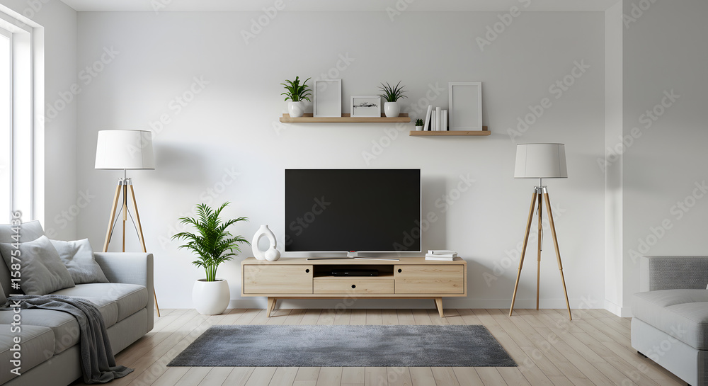 Fototapeta premium Bright Scandi family room, center perspective, soft natural light