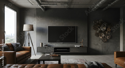 Industrial modern lounge, centered camera angle with TV