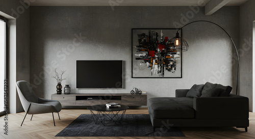 One-point perspective industrial family room, centered camera angle with TV