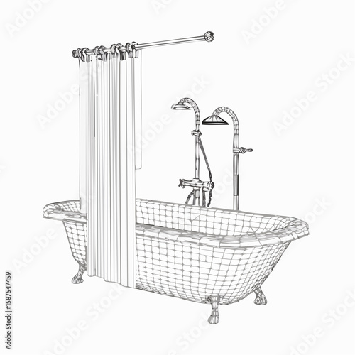 Detailed 3D sketch of a bathtub with a partially closed shower curtain, rendered cleanly in line.